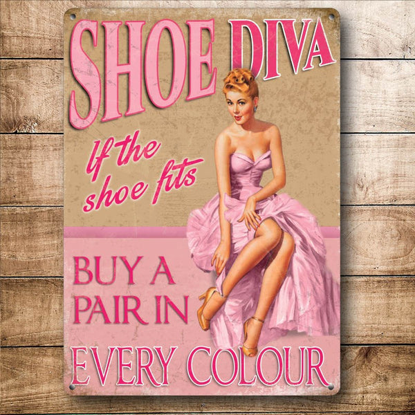 Shoe Diva, Funny Pin-up Girl Loves Shoes, Gift Small Metal/Steel Wall Sign