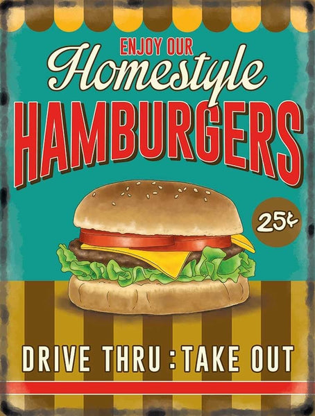 Homestyle Homemade Hamburgers. Homemade Cheeseburger. Metal/Steel Wall Sign