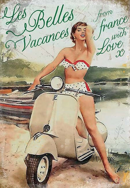 vespa-les-belles-vacances-lady-in-polka-dot-bikini-on-white-vespa-motor-scooter-1950-s-beach-not-mod-for-home-garage-pub-or-man-cave-metal-steel-wall-sign