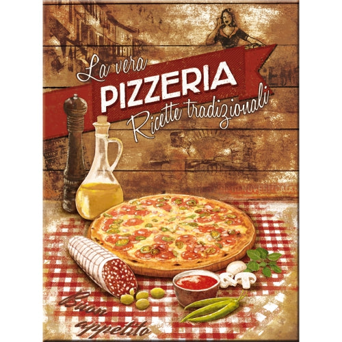 Pizzeria. Italian text. Ingredients. Mushrooms, ham, Magnet