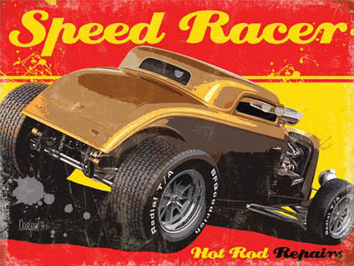 Hot rod speed racer repairs. Chop top rat rod. Ford. American past time, street racer. For house, home, garage, pub or b Large Steel Wall Sign