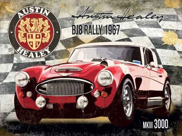 austin-healey-bj8-rally-1967-mkiii-3000-mk3-three-red-classic-sports-car-badge-and-signature-racing-flag-metal-steel-wall-sign