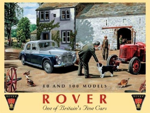 rover-80-and-100-on-farm-yard-british-motor-car-and-tractor-rover-badge-for-home-house-farm-garage-or-pub-metal-steel-wall-sign