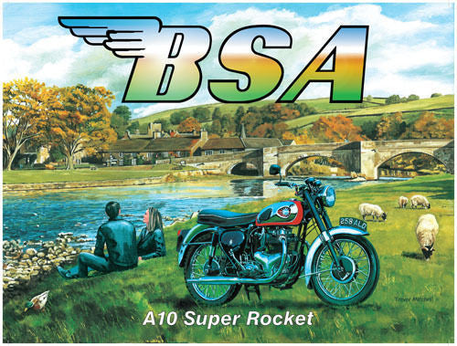 bsa-a10-super-rocket-motor-cycle-bike-couple-in-leathers-on-a-day-trip-the-countryside-river-for-house-home-bar-or-pub-metal-steel-wall-sign