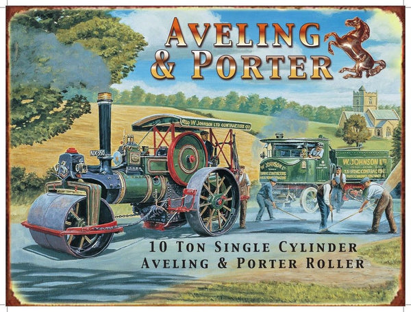 aveling-porter-10-ton-single-cylinder-roller-steam-roller-tar-mac-country-road-w-johnson-early-road-workers-golden-age-of-steam-contractors-horse-metal-steel-wall-sign