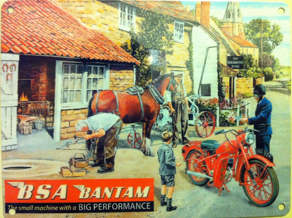 bsa-bantam-the-machine-with-a-big-performance-red-motor-cycle-bike-at-the-blacksmiths-arms-painting-on-metal-sign-for-house-home-bar-or-blacksmiths-pub-metal-steel-wall-sign
