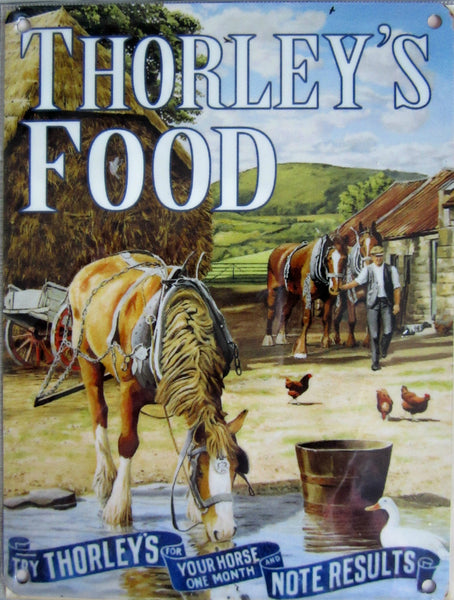 thorley-s-horse-food-horse-drinking-from-a-puddle-next-to-a-bucket-on-the-farm-farmer-chickens-and-hay-bales-working-horse-for-house-home-or-pub-metal-steel-wall-sign