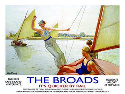 the-broads-norfolk-old-retro-vintage-holiday-advert-day-on-the-water-boating-sailing-1920-s-era-painting-for-house-home-bar-pub-or-shop-or-bathroom-its-quicker-by-rail-train-stream-locomotive-engine-metal-steel-wall-sign