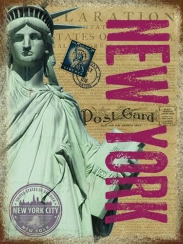 New York Post Card with Statue of Liberty. USA, America. For house, home, bar, pub or kitche Medium Steel Wall Sign