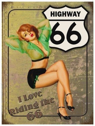 highway-66-route-66-usa-i-love-riding-the-66-sexy-pinup-girl-with-see-through-top-for-house-home-bar-man-cave-or-teenage-bedroom-metal-steel-wall-sign