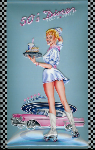 American Diner vintage poster with retro car and pin-up girl