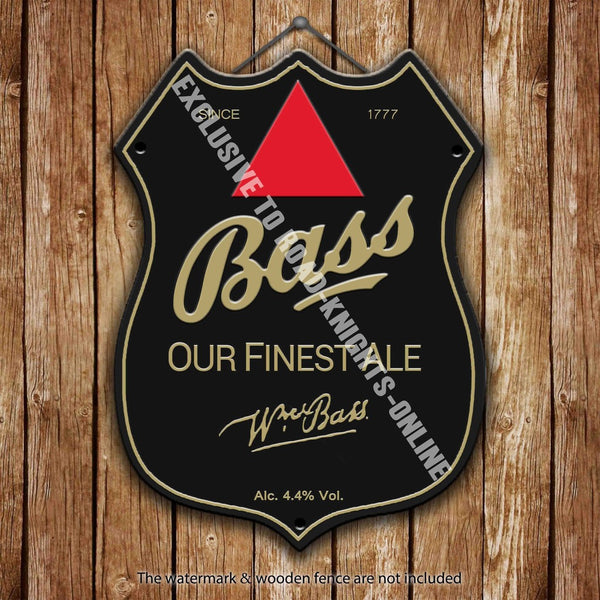 bass-bitter-finest-ale-red-triangle-beer-advertising-bar-old-pub-drink-pump-badge-brewery-cask-keg-draught-real-ale-pint-alcohol-hops-shield-shape-metal-steel-wall-sign