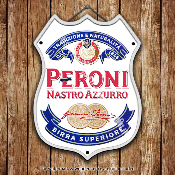 peroni-label-nastro-azzurro-lager-beer-advertising-bar-old-pub-drink-pump-badge-brewery-cask-keg-draught-real-ale-pint-alcohol-hops-shield-shape-metal-steel-wall-sign