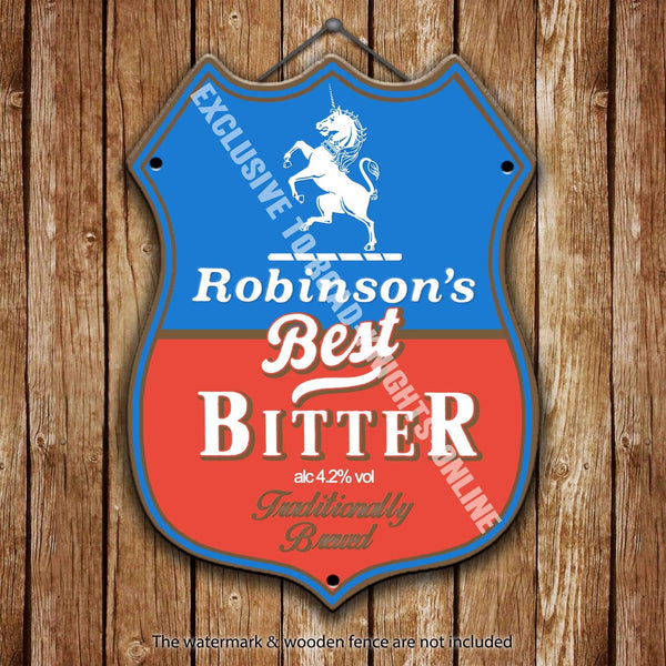 robinson-s-best-bitter-stockport-beer-advertising-bar-old-pub-drink-pump-badge-brewery-cask-keg-draught-real-ale-pint-alcohol-hops-shield-shape-metal-steel-wall-sign