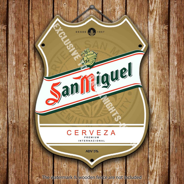 san-miguel-label-larger-beer-advertising-bar-old-pub-drink-pump-badge-brewery-cask-keg-draught-real-ale-pint-alcohol-hops-shield-shape-metal-steel-wall-sign