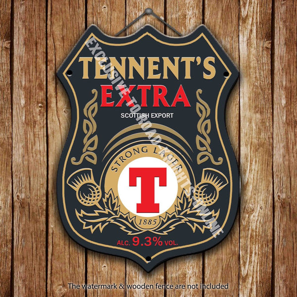 tennent-s-extra-strong-lager-beer-advertising-bar-old-pub-drink-pump-badge-brewery-cask-keg-draught-real-ale-pint-alcohol-hops-shield-shape-metal-steel-wall-sign