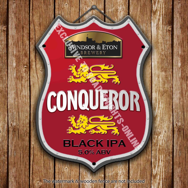 windor-eton-conqueror-beer-advertising-bar-old-pub-drink-pump-badge-brewery-cask-keg-draught-real-ale-pint-alcohol-hops-shield-shape-metal-steel-wall-sign