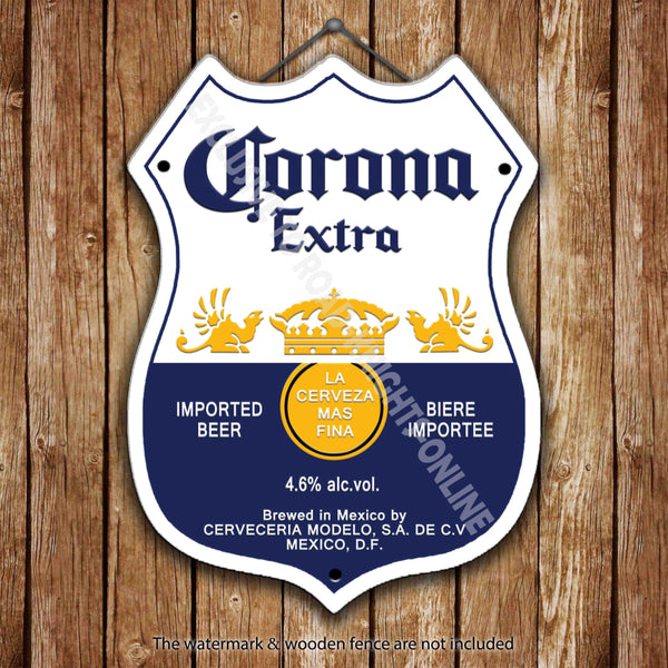 corona-extra-lager-beer-advertising-bar-old-pub-beer-advertising-bar-old-pub-drink-pump-badge-brewery-cask-keg-draught-real-ale-pint-alcohol-hops-shield-shape-metal-steel-wall-sign