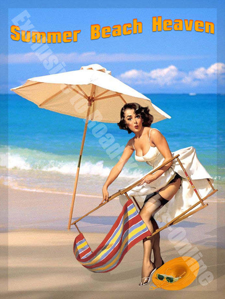 Summer Beach Heaven. Sexy pinup with deck chair, brolly and sun hat. 30s, 40s  and 50s. Seaside. Holida Medium Steel Wall Sign