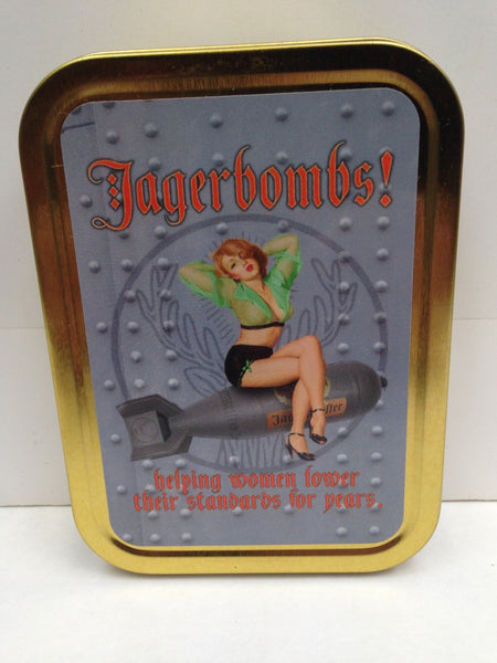 jagerbombs-helping-women-lower-their-standards-for-years-sexy-pinup-sat-on-bomb-drink-advert-retro-in-style-metal-sign-also-available-gold-sealed-lid-2oz-tobacco-storage-tin