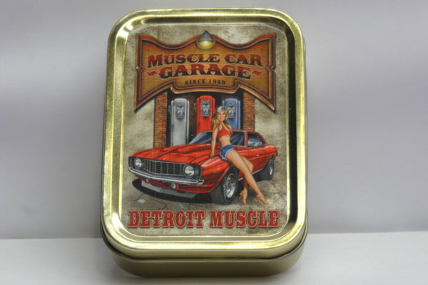 muscle-car-garage-detroit-blonde-sexy-lady-sat-on-the-bonnet-hood-dukes-of-hazard-style-gold-sealed-lid-2oz-tobacco-storage-tin