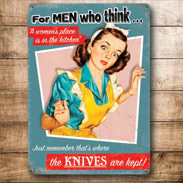 A women's place is in the Kitchen, Retro Funny Small Metal/Steel Wall Sign