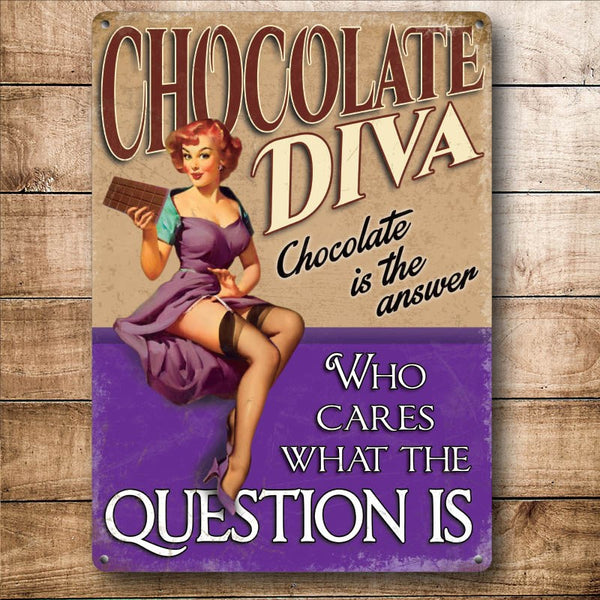Chocolate Diva, Funny Pin-up Girl Loves Chocolate Small Metal/Steel Wall Sign