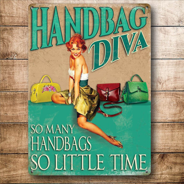 Hangbag Diva, Funny Pin-up Girl Loves Handbags, Small Metal/Steel Wall Sign