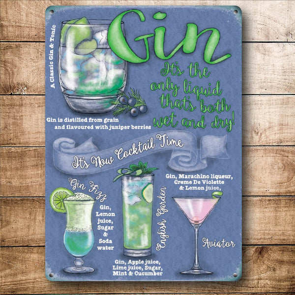 Gin Cocktail Time, Drink Recipes Party Cocktails, Small Metal/Steel Wall Sign