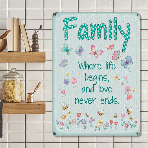 Family, Where Life Begins, House Shabby Chic Decor Small Metal/Steel Wall Sign