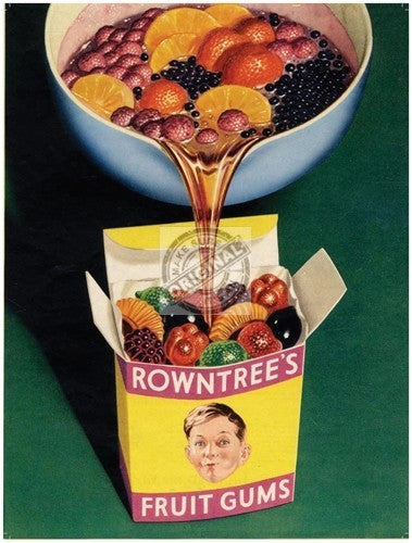 rowntree-s-fruit-gums-vintage-old-retro-design-advert-fruit-poured-into-sweet-box-sweets-sugar-wine-gums-berries-strawberry-orange-jelly-child-boy-with-a-full-mouth-of-sweets-metal-steel-wall-sign