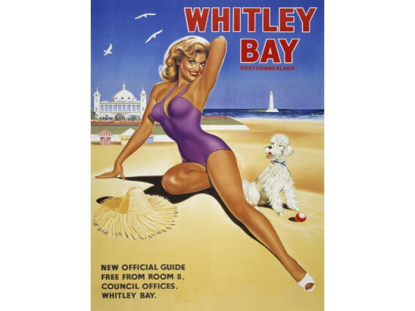 whitley-bay-the-new-official-guide-woman-in-swim-suit-with-pet-dog-on-beech-old-retro-vintage-advert-holiday-ideal-for-cafe-house-home-and-bar-metal-steel-wall-sign