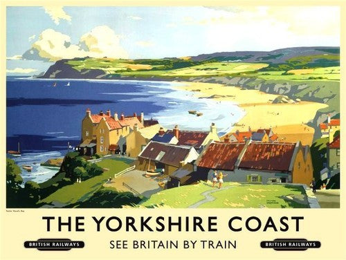 the-yorkshire-coast-robin-hood-bay-boats-beach-cottages-old-retro-vintage-holiday-advert-to-trains-to-the-seaside-british-railway-for-house-home-bar-cafe-pub-or-shop-metal-steel-wall-sign