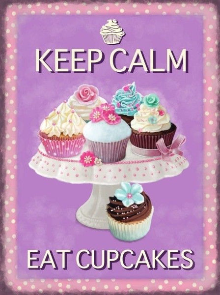 Keep Calm. Eat Cupcakes. Cakes on a stand. Lace.  Metal/Steel Wall Sign