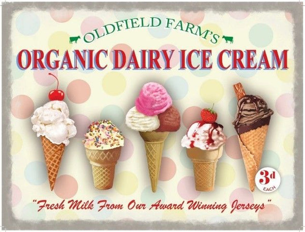Organic Dairy Ice Cream Cones. Strawberry, Vanilla,  Metal/Steel Wall Sign