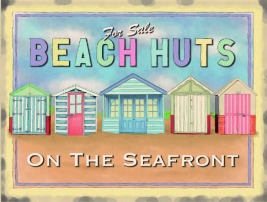 beach-huts-for-sale-on-the-seafront-row-of-wooden-huts-pastel-colours-sandy-beach-painted-metal-steel-wall-sign