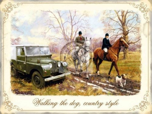 country-style-horses-and-riders-with-land-rover-mk1-on-country-walk-in-field-walking-the-dog-metal-steel-wall-sign