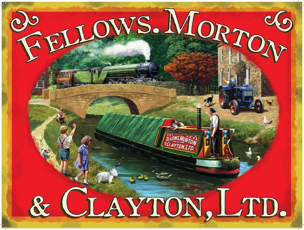 fellows-morton-clayton-ltd-canal-barge-with-green-steam-locomotive-train-and-tractor-early-20th-century-for-house-home-shed-garage-or-pub-metal-steel-wall-sign