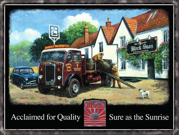 vintage-albion-truck-classic-lorry-wagon-pub-beer-old-car-in-background-mid-20th-century-black-swan-great-for-a-pub-with-the-same-name-house-home-or-man-cave-metal-steel-wall-sign