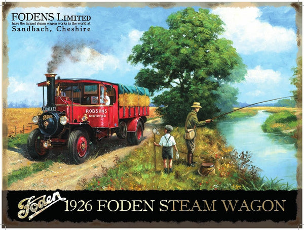 fodens-limited-sandbach-cheshire-1926-steam-wagon-on-country-lane-passing-father-and-son-fishing-on-the-river-farmer-hay-bales-mid-20th-century-for-house-home-garage-pub-metal-steel-wall-sign