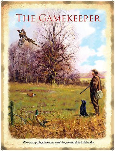 the-gamekeeper-shoot-with-hound-dog-black-labrador-retriever-pheasants-in-field-for-house-home-or-pub-metal-steel-wall-sign