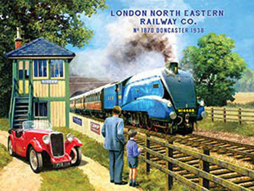 london-north-eastern-railway-company-blue-steam-locomotive-at-signal-box-with-red-mg-father-and-son-train-spotting-mid-20th-century-for-house-home-pub-or-garage-metal-steel-wall-sign