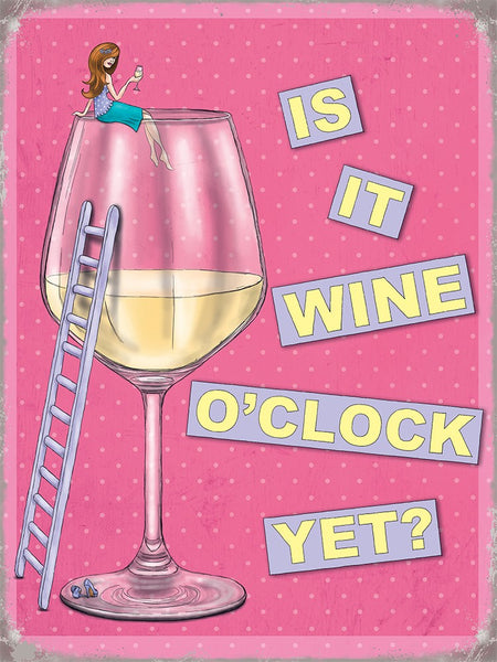 Wine O'Clock? Pink and Girly Retro Funny Humour Kitchen.  Metal/Steel Wall Sign