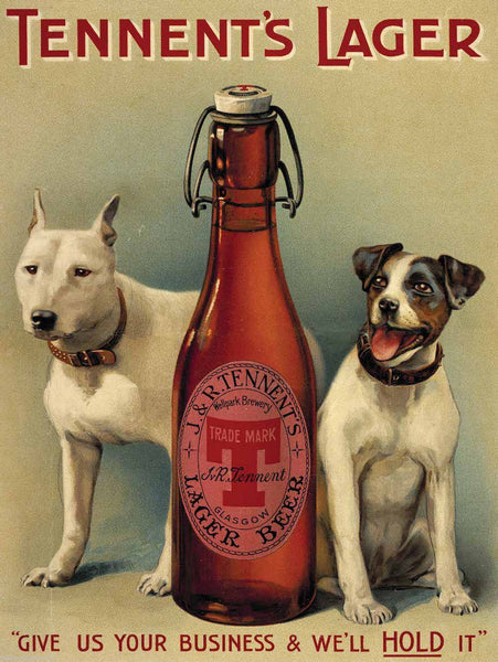 Tennent's Lager with beer bottle and two dogs. Metal/Steel Wall Sign