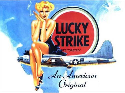 lucky-strike-cigarette-pin-up-lady-sitting-on-plane-american-bomber-usaf-old-retro-vintage-for-house-home-pub-bar-or-shop-metal-steel-wall-sign