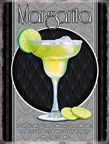 Margarita Cocktail Glass and recipe. Alcohol, lime, Metal/Steel Wall Sign