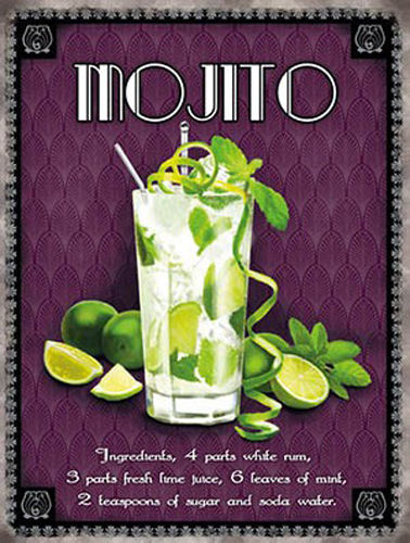 Mojito classic cocktail. Drink, glass, recipe. Limes,  Metal/Steel Wall Sign
