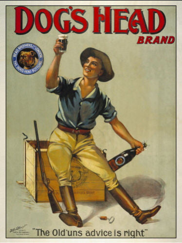 dog-s-head-brand-beer-old-retro-vintage-advert-for-house-home-bar-or-pub-boy-sat-on-a-create-hot-day-in-the-sun-hunting-shooting-gun-ozzy-australian-possible-metal-steel-wall-sign