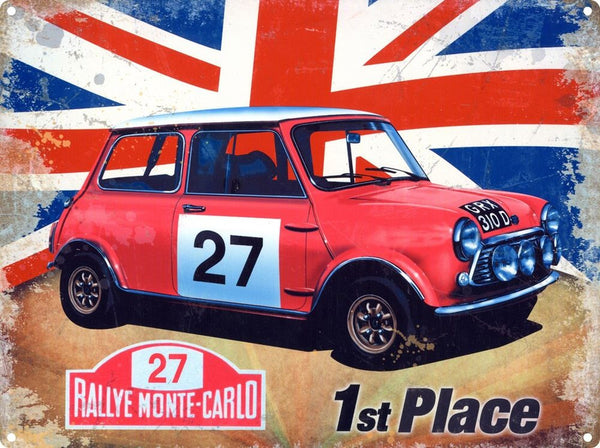 mini-cooper-s-rallye-monte-carlo-1st-place-union-jack-british-classic-car-rally-car-red-number-27-italian-job-sport-motor-car-racing-vehicle-1960-s-ideal-for-house-home-garage-shed-or-man-cave-metal-steel-wall-sign