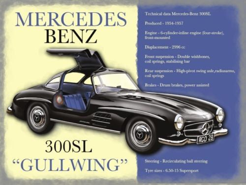 mercedes-benz-300sl-gullwing-black-german-classic-motor-car-specs-included-on-the-sign-1954-1957-sports-car-fast-dream-metal-steel-wall-sign